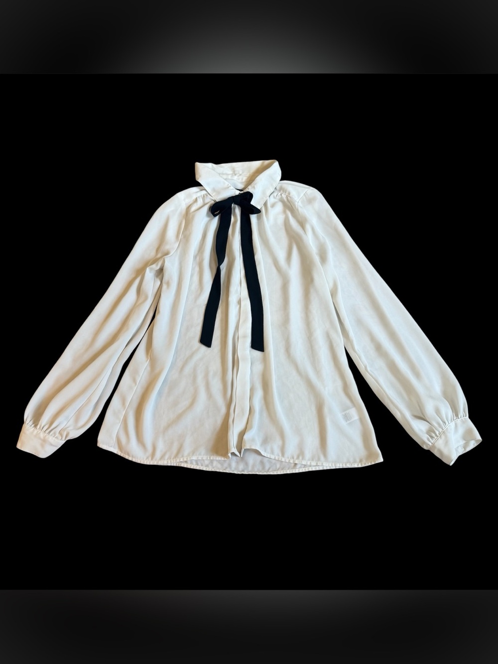 Express White Black Ribbon Tie Neck Blouse Preppy Office Career Top Medium